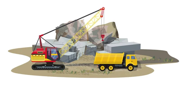 Ilustração Detalhada Com Mineração Pedra Granito Máquinas Industriais Pesadas — Vetor de Stock