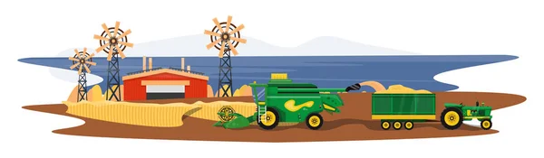 Λεπτομερής Απεικόνιση Της Γεωργικής Βιομηχανίας Θεριζοαλωνιστικές Μηχανές Στην Εκμετάλλευση — Διανυσματικό Αρχείο