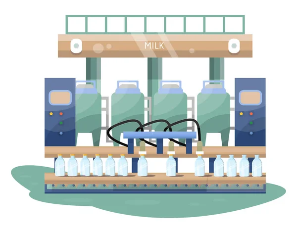 Detailní Ilustrace Produkce Mléka Dopravník Lahvemi Mléka — Stockový vektor