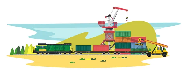 Детальна Ілюстрація Залізничної Промисловості Вантажні Вагони Навантажувачі — стоковий вектор