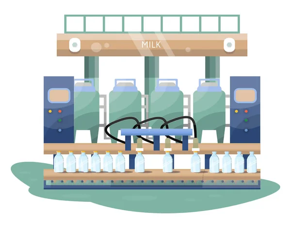 Szczegółowa Ilustracja Produkcji Mleczarskiej Przenośnik Butelkami Mleka Grafika Wektorowa