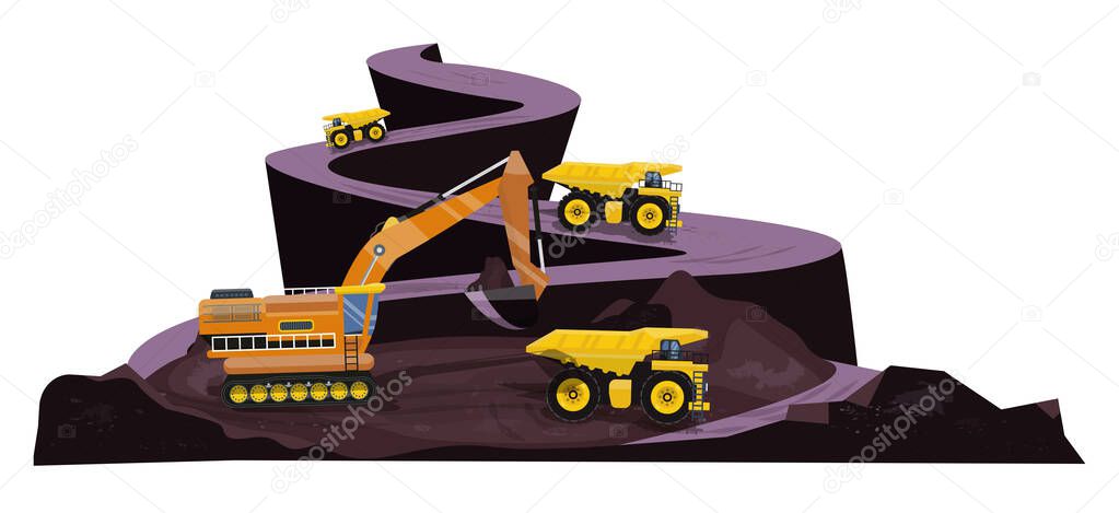 Detailed mining illustration. Stone quarry with heavy machinery.