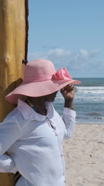 African Woman Pink Hat Looking Out Sea West Africa Ghana — Stock Video