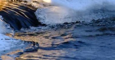 Winter time with running water between ice and snow during sunset in the Swedish valley river