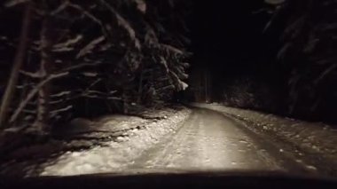 Gece boyunca dar bir kırsal yolda araba sürüyor.