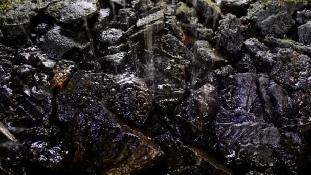 Running Water Old Gutter Strikes Dark Stones Ground — Stockvideo