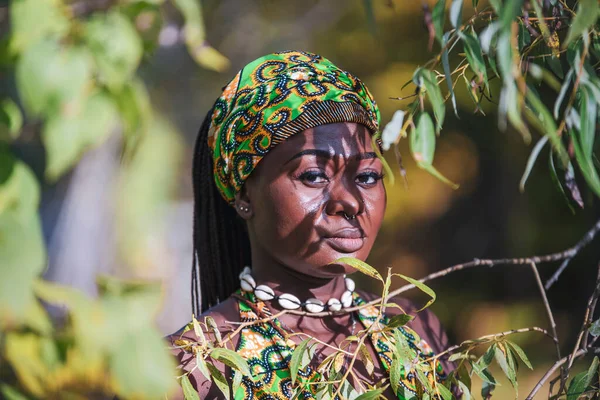 Afrikanerin Mit Farbenfroher Kopfbedeckung Hinter Einer Weide Bei Sonnenuntergang — Stockfoto