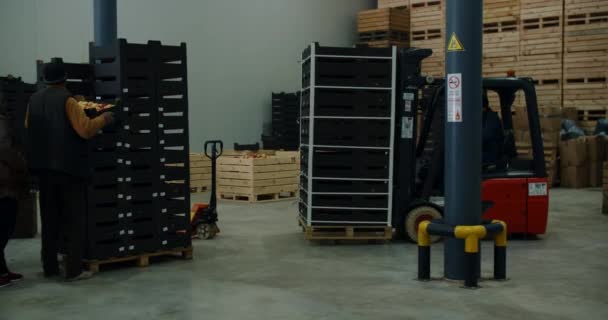 Caixas de levantamento de empilhadeira com frutas. Interior de armazenamento frio. — Vídeo de Stock