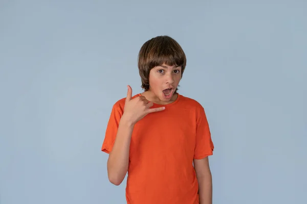 Fun Portrait Teenage Boy Doing Call Gesture Cheeky Surprised Look — Fotografia de Stock