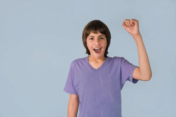 Portrait Teenage Boy Fist Air Happy Surprised Look His Face Стокове Зображення