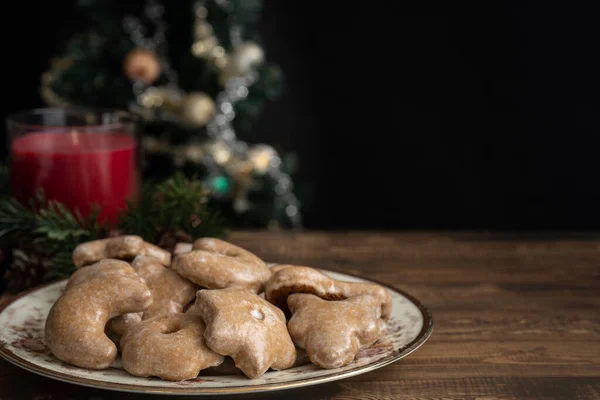 Assortment Nuremberg Christmas Cookies Plate Wooden Table Selective Focus Copy — Stock Fotó