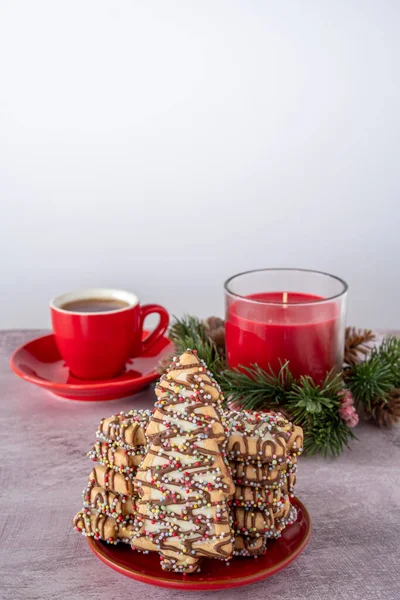 Christmas Tree Cookies Tea Table Copy Spacevertical — Stock Fotó