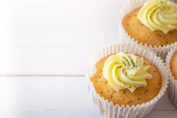 Closeup Lemon Poppy Seed Muffins Selective Focus Copy Space — стокове фото