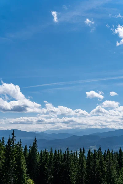 暖かい晴れた日には山と緑の森の美しい風景 ダイナミックな白い雲 — ストック写真