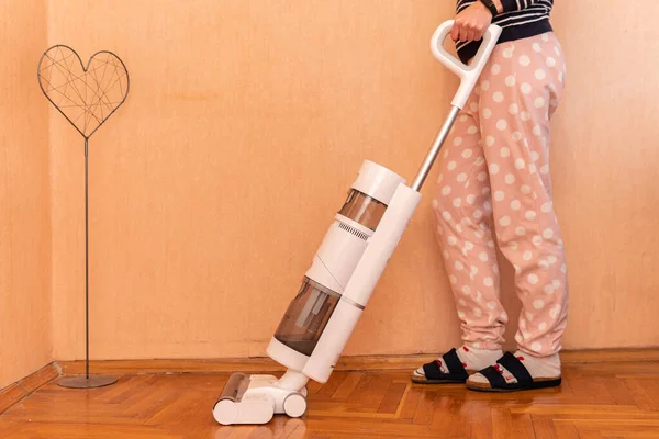 Woman Hoovering Floor Stylish Vacuum Cleaner Dry Wet Cleaning Functions — Stock Photo, Image