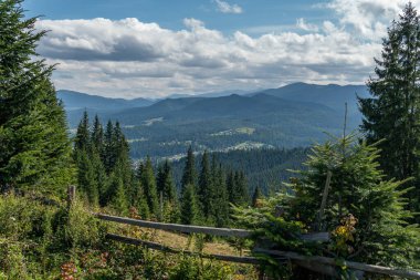 Güneşli bir yaz gününde kırsal alanda güzel bir doğa, dağlar ve orman manzarası.