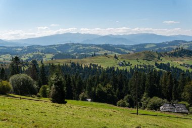Güneşli bir yaz gününde kırsal alanda güzel bir doğa, dağlar ve orman manzarası.