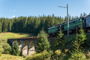 Dağlardaki büyük, eski bir su kemeri köprüsünde giden bir tren.