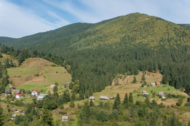 Güneşli bir günde tepelerde, dağlarda, yeşil ormanlarda ve küçük bir köydeki evlerde hava manzarası