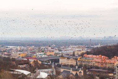 Ukrayna, Kyiv, 26 Kasım 2016: Akşam saatlerinde Kyiv şehrinin merkez ve tarihi kısmında havadan panoramik görüş. St Andrew Kilisesi, Podil bölgesi..