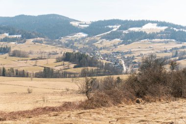 İlkbaharda karlı dağların ve tepelerin nefes kesici manzarası, orman ve köy, panoramik manzara 