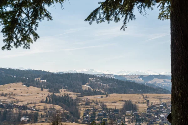 Vista Mozzafiato Sulle Montagne Innevate Sulle Colline Primavera Foresta Villaggio — Foto Stock