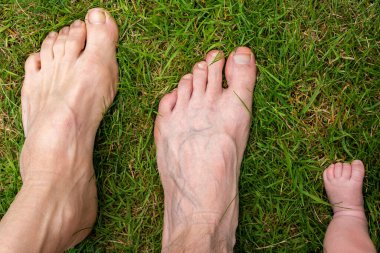 Males feet, three different generations, old, adult and newborn, family together