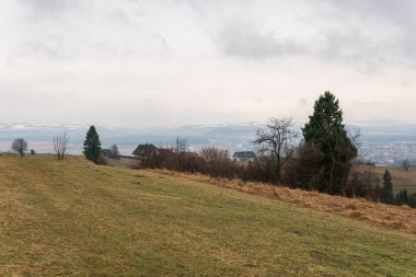A beautiful panoramic landscape of mountains in grey rainy weather in Europe. Wooden summer house, cottage, beautiful nature. Breathtaking view. 