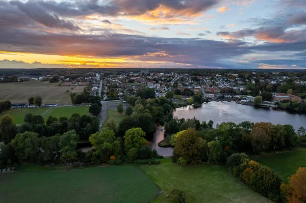 Beautiful Aerial View Little Village Sweden Stormy Weather Sunset Rural — Stock Photo, Image