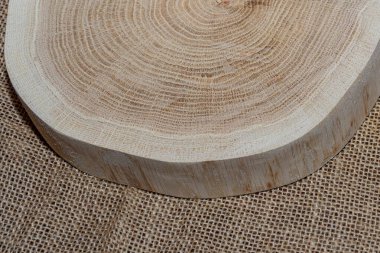 Tahta kütük, çapraz kesim, ağaç gövdesi kesimi. Çuval bezi arka planında tahta servis tepsisi.