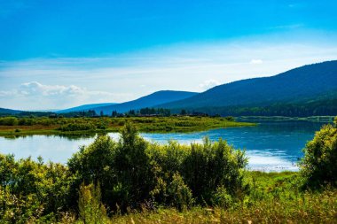 Sibirya 'daki nehir kıyısının manzarası. parlak sulu renkler tepelik nehir kıyısı ve mavi bulutlar.