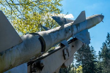 An old cruise missile aimed at the sky. Cruise missile launcher.