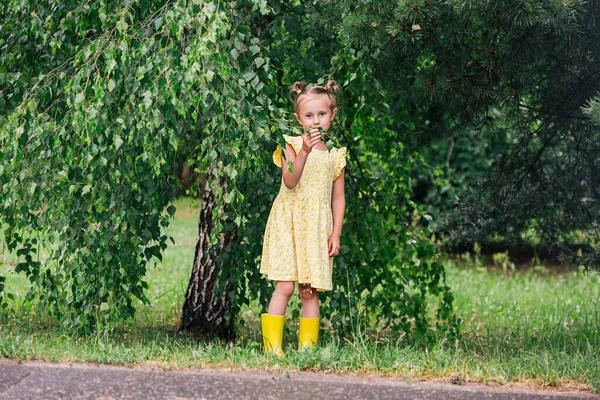 Retrato Niña Caucásica Años Vestido Amarillo Botas Lluvia Pie Parque — Foto de Stock