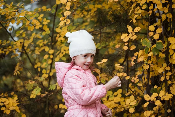 Pequena Menina Caucasiana Casaco Rosa Contra Arbusto Amarelo Tempo Outono — Fotografia de Stock