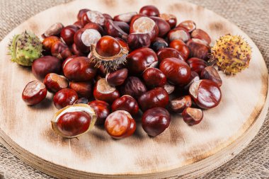 Yenilebilir kestane çekirdekleri kontraplaktan yapılmış tahta bir kesme tahtasının üzerinde yatar..