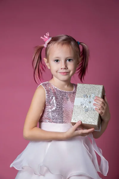 Little Caucasian Girl Festive Dress Sequins Posing Holding Gift Box — Stock Photo, Image