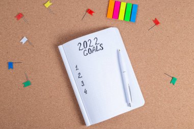 2022 için plan. Not defteri ve ofis aksesuarları masanın üstünde. İş konsepti