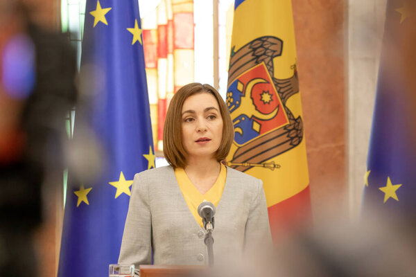 Chisinau, Moldova - June 24, 2022 - Moldovan President Maia Sandu at a briefing in Chisinau on the issue of Moldova obtaining the status of a candidate member of the European Union