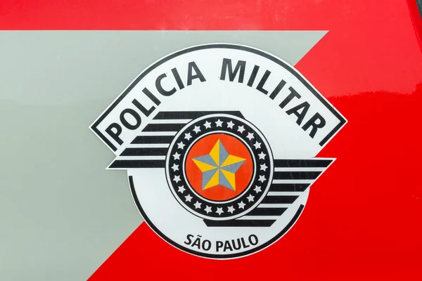 Bauru, Brezilya. 24 Mayıs 2022, So Paulo Eyaleti Askeri Polisi kalkanı. Sao Paulo Eyaleti Askeri Polisi 'nin kara ve hava araçlarında kullanılan kalkan..