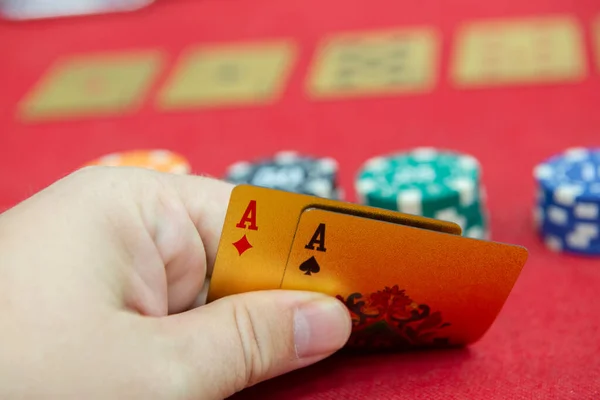 Gaming Cards Hand Red Cloth Winning Combination Poker Texas Holdem — Stock Photo, Image