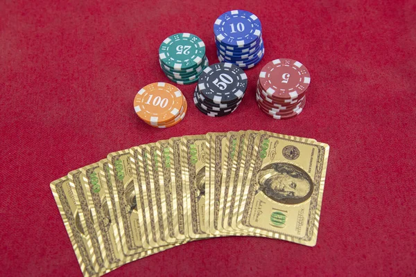 Four Aces Stacks Chips Red Felt Table Poker Game One — Stock Photo, Image