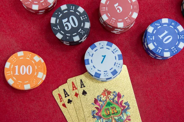 Four Aces Stacks Chips Red Felt Table Poker Game One — Stock Photo, Image