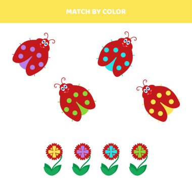 Sevimli karikatür çiçeklerini ve uğur böceklerini renklerine göre eşleştir. 