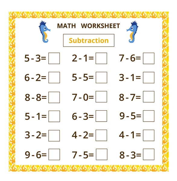 Matematik ödevi. Çıkarma. Deniz atı olan çocuklar için eğitim kartı..