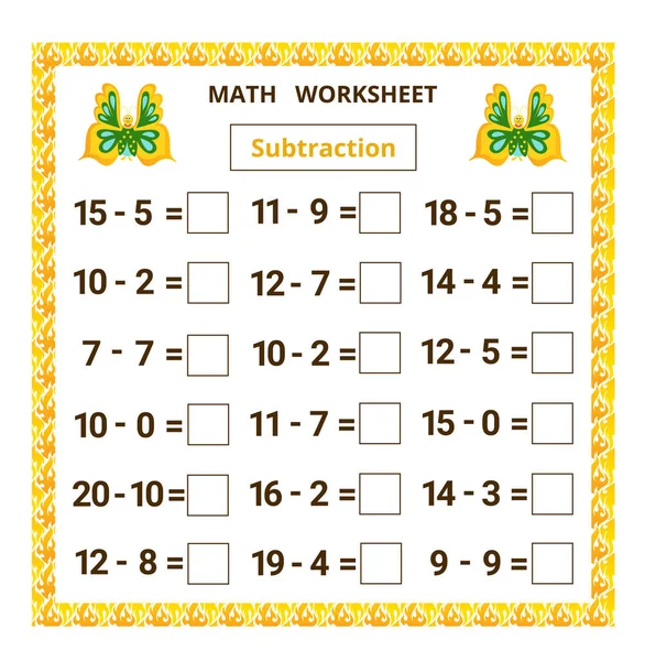 Matematik ödevi. Çıkarma. Çocuklar için karikatür kelebekli eğitim kartı..