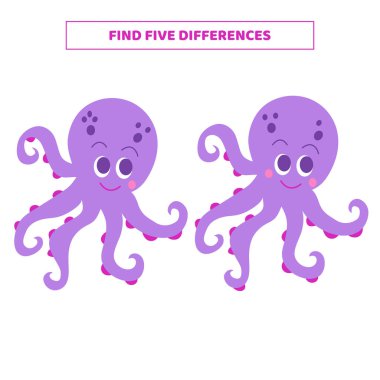 Çizgi film ahtapotları arasında beş farklılık bul. Çocuklar için eğitici bir oyun.