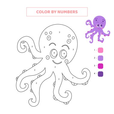 Rakamlarla renklendirilmiş şirin ahtapot. Çocuklar için çalışma tablosu.