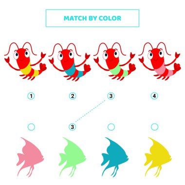 Tatlı karides ve balığı renklerine göre eşleştir. Çocuklar için oyun.