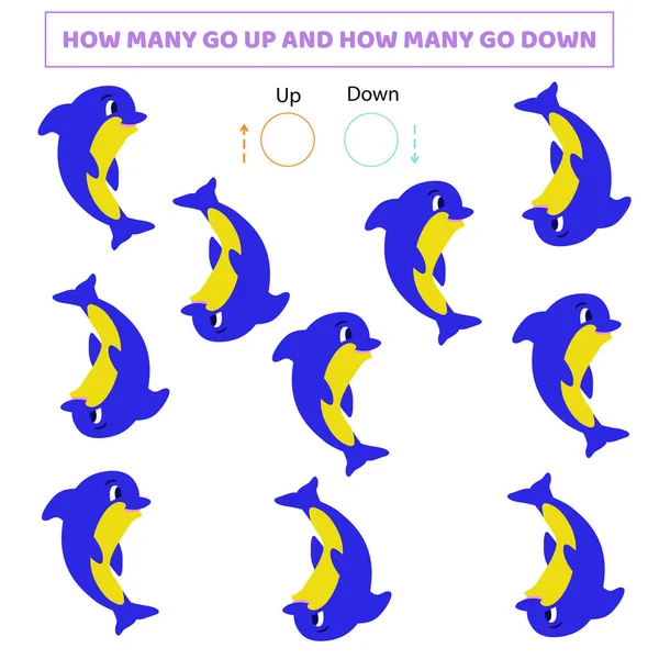 Kaç tanesi yukarı çıkıyor, kaç tanesi aşağı iniyor. Şirin çizgi film yunuslarıyla sayma oyunu. Çocuklar için çalışma sayfası..