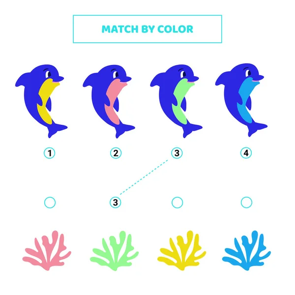 Match Dauphin Dessin Animé Mignon Corail Par Couleur Jeu Pour — Image vectorielle